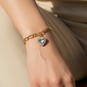 3/$35 Gold Chain Bracelet with Crystal Heart Pendant Dainty Sparkle Jewelry